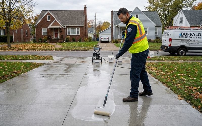 Applying concrete sealer to protect driveway from salt damage