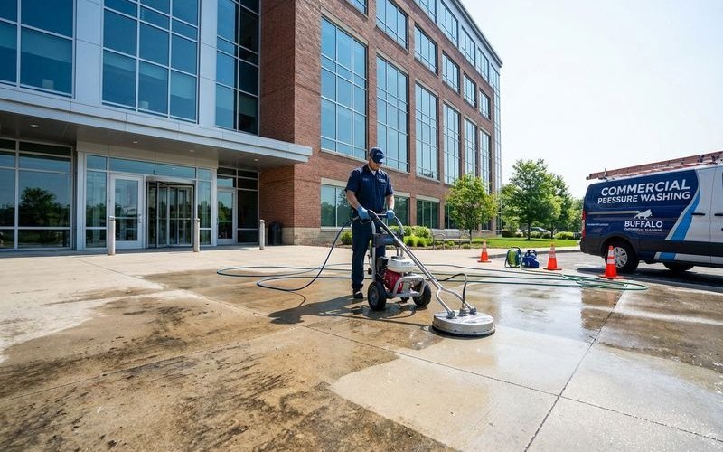 Commercial pressure washing equipment cleaning concrete surface