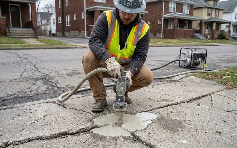 Concrete leveling process lifting sunken driveway slab Buffalo NY