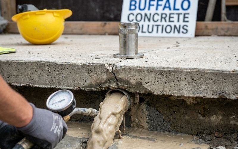 Diagram showing concrete leveling process with material injected beneath sunken slab