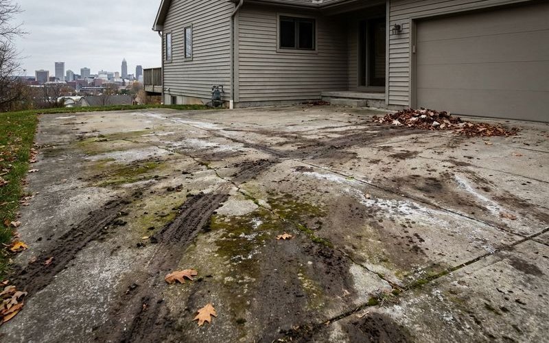 Dirty weathered concrete driveway showing years of accumulated grime