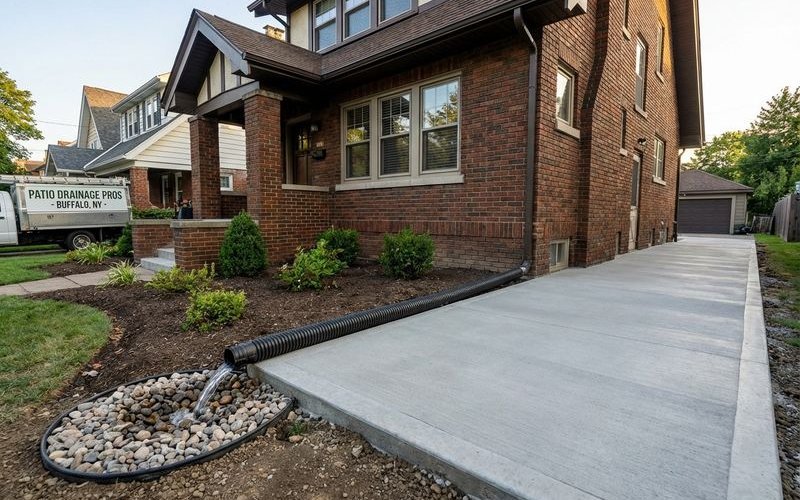 Properly extended downspout directing water away from concrete patio