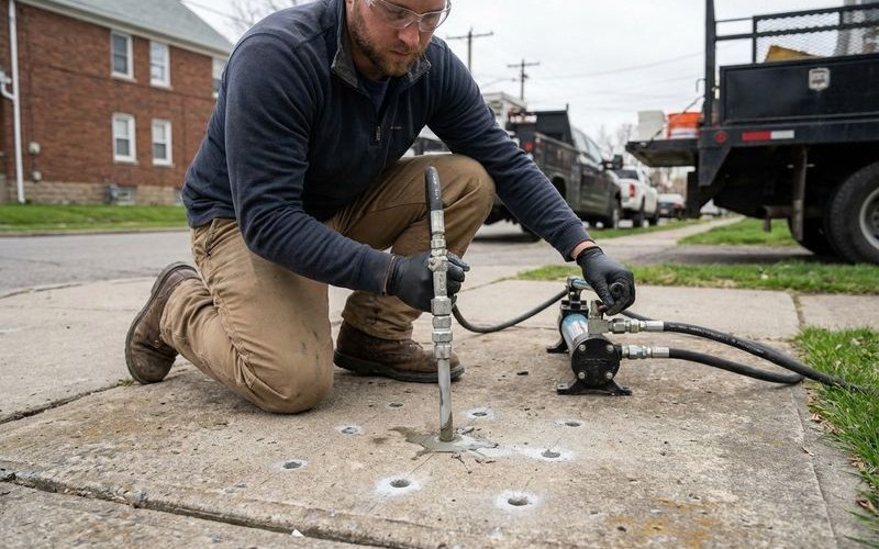 Diagram comparing mudjacking and polyjacking concrete leveling processes