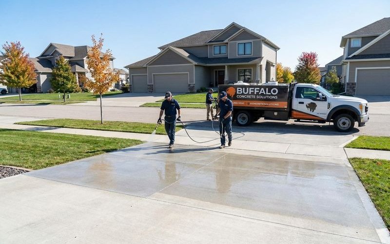 Professional concrete sealer application protecting driveway surface
