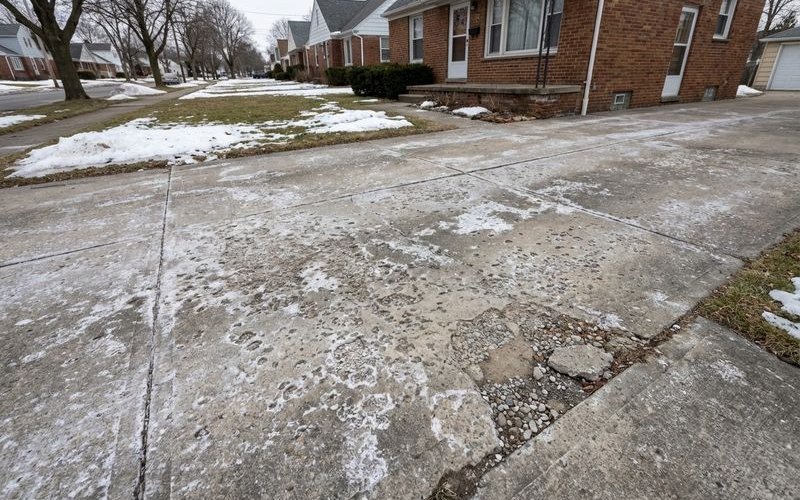 Salt damage and surface deterioration on Buffalo concrete driveway