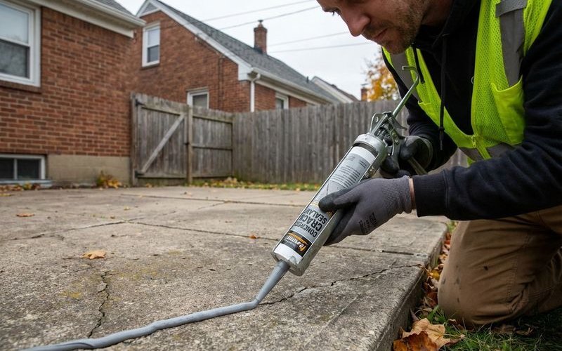Sealing cracks in patio concrete to prevent water infiltration