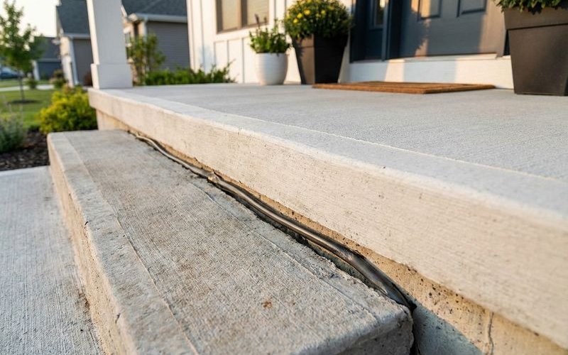 Sunken concrete steps with dangerous gap from porch requiring leveling repair