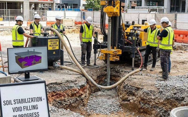 Void filling process with limestone slurry injection stabilizing soil